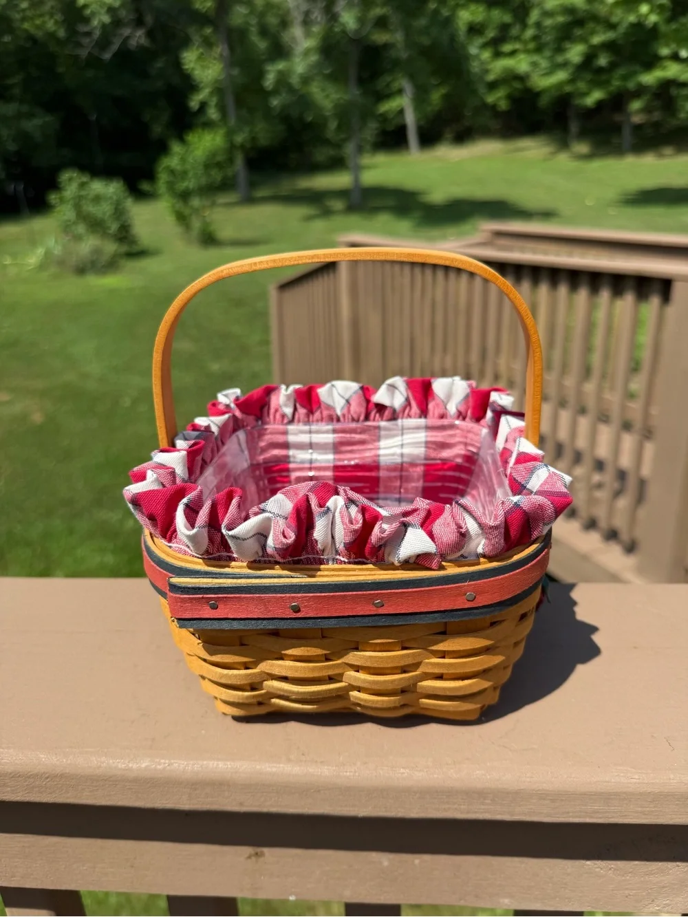 Longaberger 2001 All American Strawberry Basket with Plaid Liner & Tie on